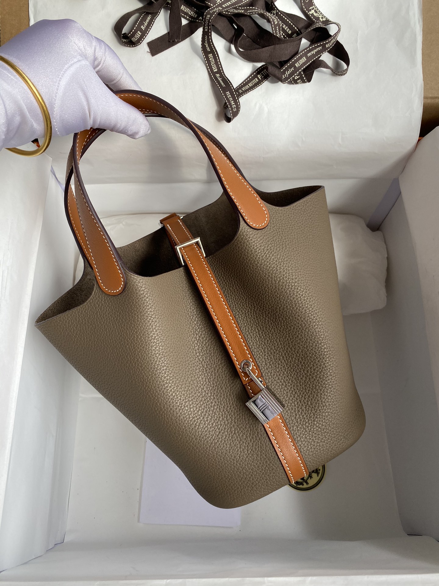 Hermes Picotin Lock 18 Bag In Grey/Brown Clemence Leather